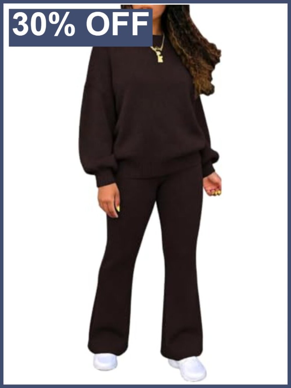 Two Piece Knit Sweater Set Crew Neck Flare Pants Casual Loungwear
